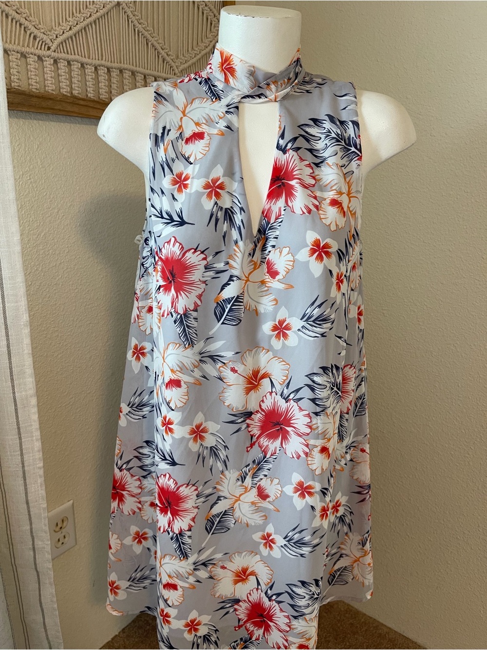 Peach Love California Light Blue Floral Mini Dress with Red & White Flowers